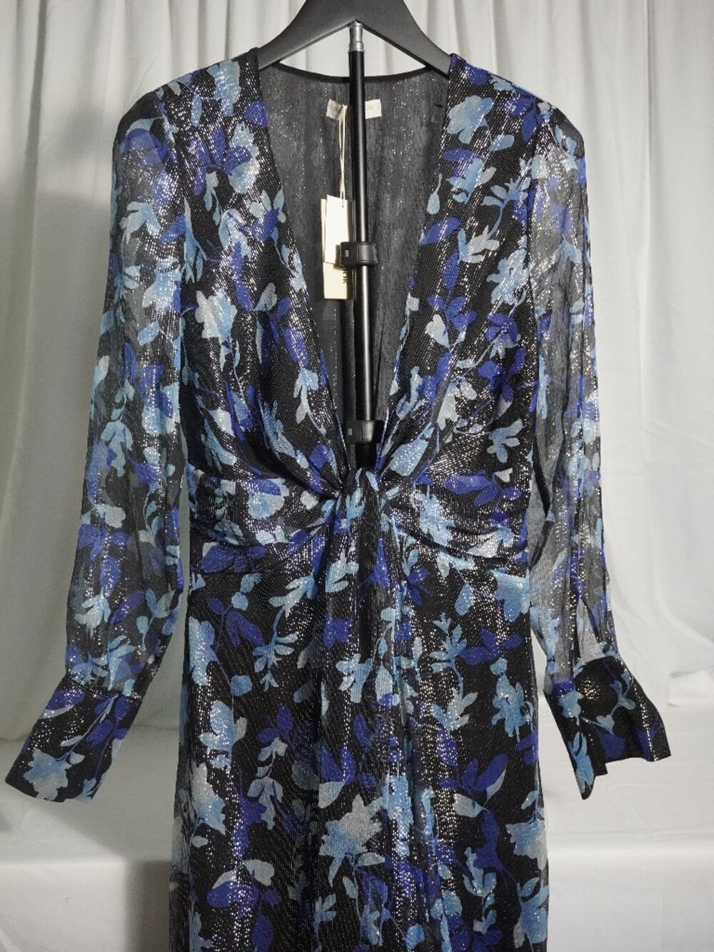 Ramy Brook Willow Dress Women’s Size 4 Blue Floral Metallic Tie Front Long Sleev